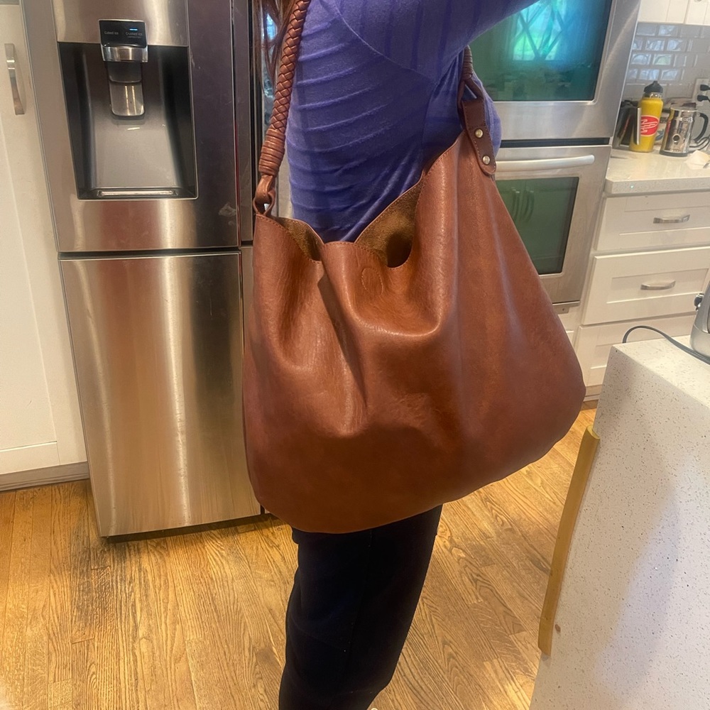 Anthropologie BROWN vegan leather hobo/tote bag w/cosmetic bag included. NWOT
